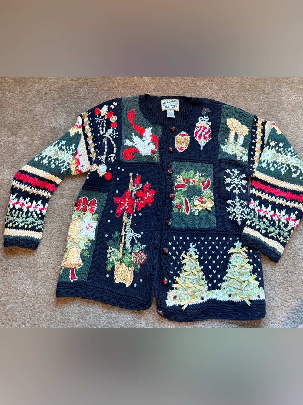 Vintage 90s Christmas Embroidered Cardigan Sweater cotton blend grandma core Szm